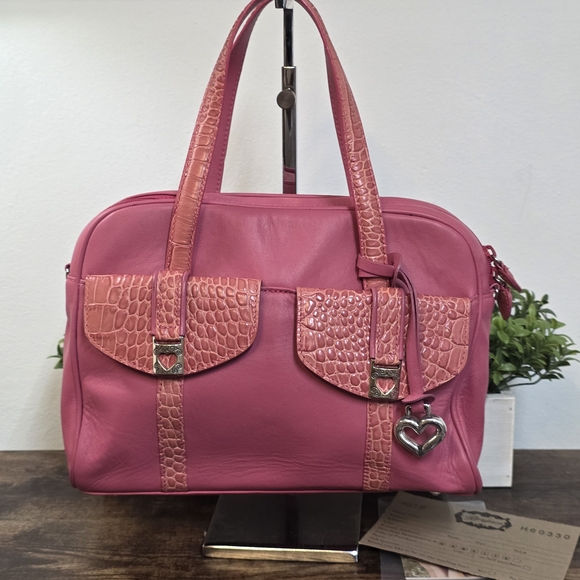 Brighton Handbags - Brighton Pink Leather Barrel Bag with Croc Embossed Trim